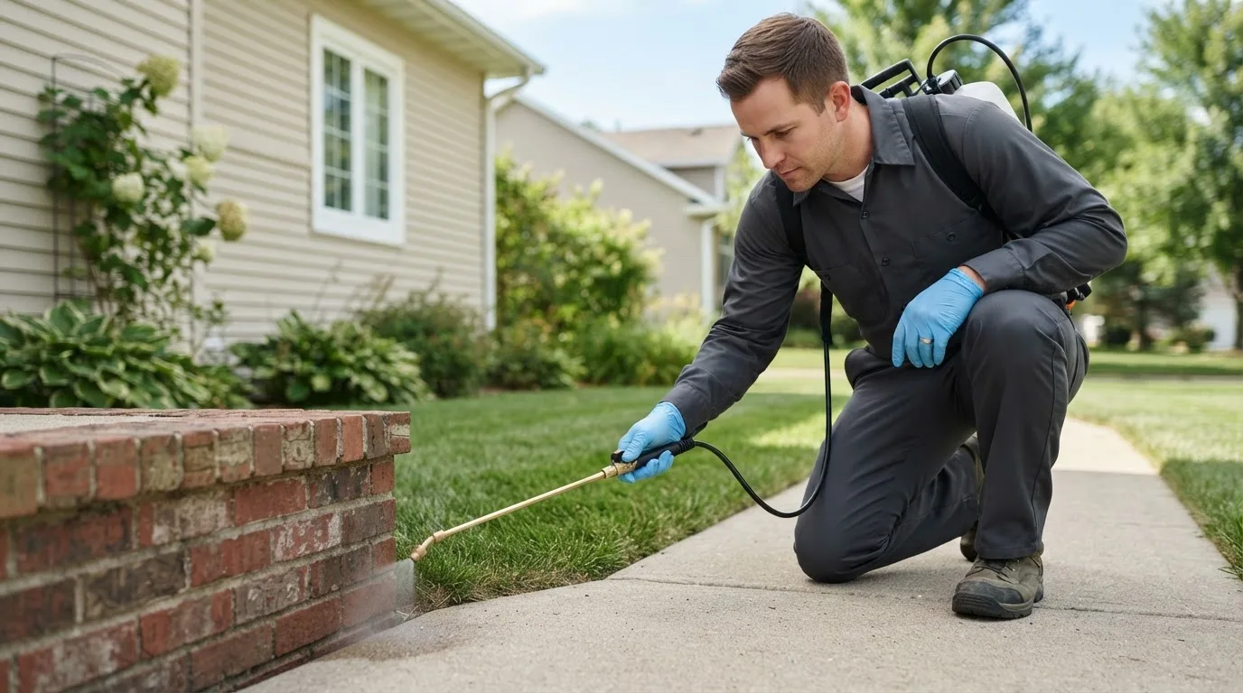 Pest control technician treating a home near Emmetsburg, IA