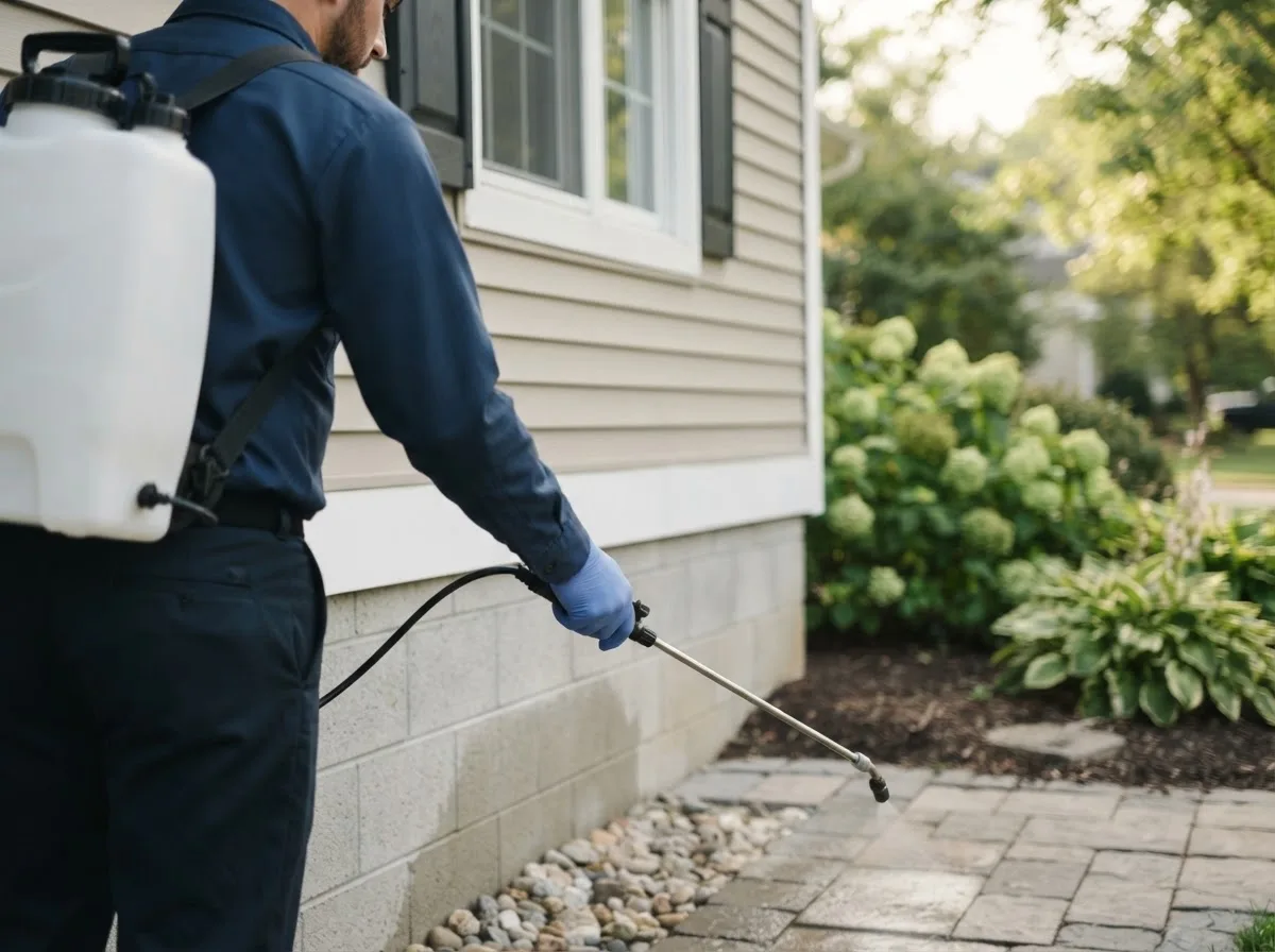 Pest control technician inspecting a home in Emmetsburg, IA